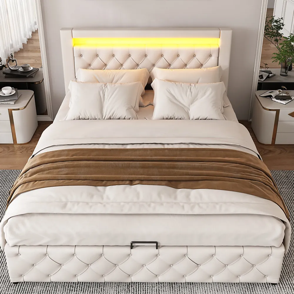 Redom Lit 140x200 cm tapissé PU blanc avec rangement intégré et tête de lit LED, design classique et contemporain* Lit Avec Rangement