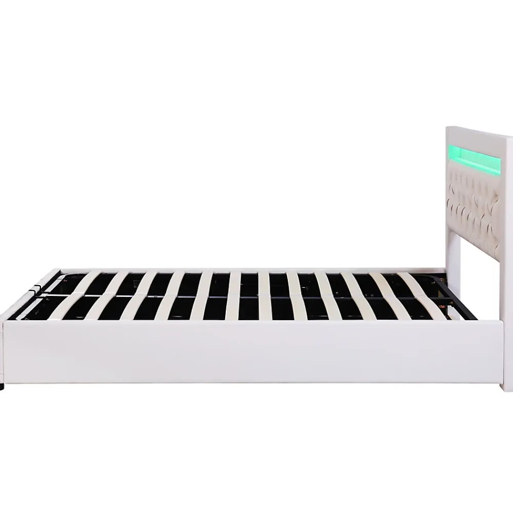 Redom Lit 140x200 cm tapissé PU blanc avec rangement intégré et tête de lit LED, design classique et contemporain* Lit Avec Rangement