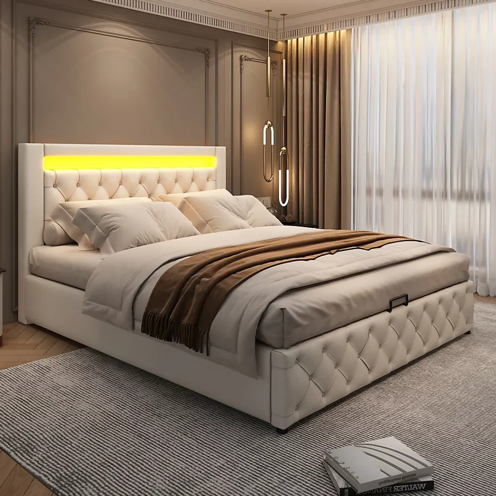 Redom Lit 140x200 cm tapissé PU blanc avec rangement intégré et tête de lit LED, design classique et contemporain* Lit Avec Rangement