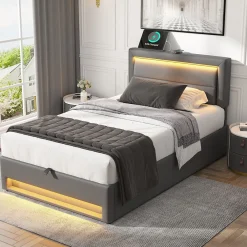 Lit 160x190 cm tapissé PU gris avec éclairage LED et ports USB escamotables, rangement sous le lit>Redom