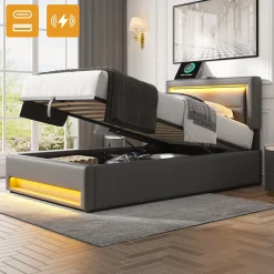 Lit 160x190 cm tapissé PU gris avec éclairage LED et ports USB escamotables, rangement sous le lit><noscript><img width=