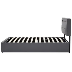 Lit 160x190 cm tapissé PU gris avec éclairage LED et ports USB escamotables, rangement sous le lit><noscript><img width=