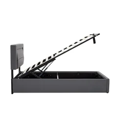 Lit 160x190 cm tapissé PU gris avec éclairage LED et ports USB escamotables, rangement sous le lit><noscript><img width=