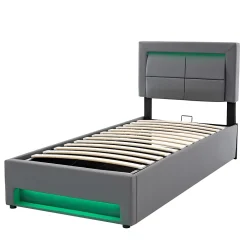Redom Lit 90x200 cm tapissé PU gris avec éclairage LED, ports USB escamotables et rangement intégré* Lit Avec Rangement