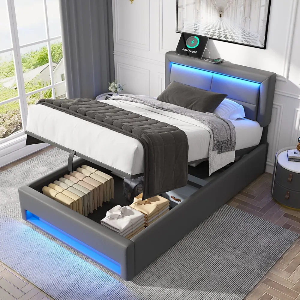 Redom Lit 90x200 cm tapissé PU gris avec éclairage LED, ports USB escamotables et rangement intégré* Lit Avec Rangement