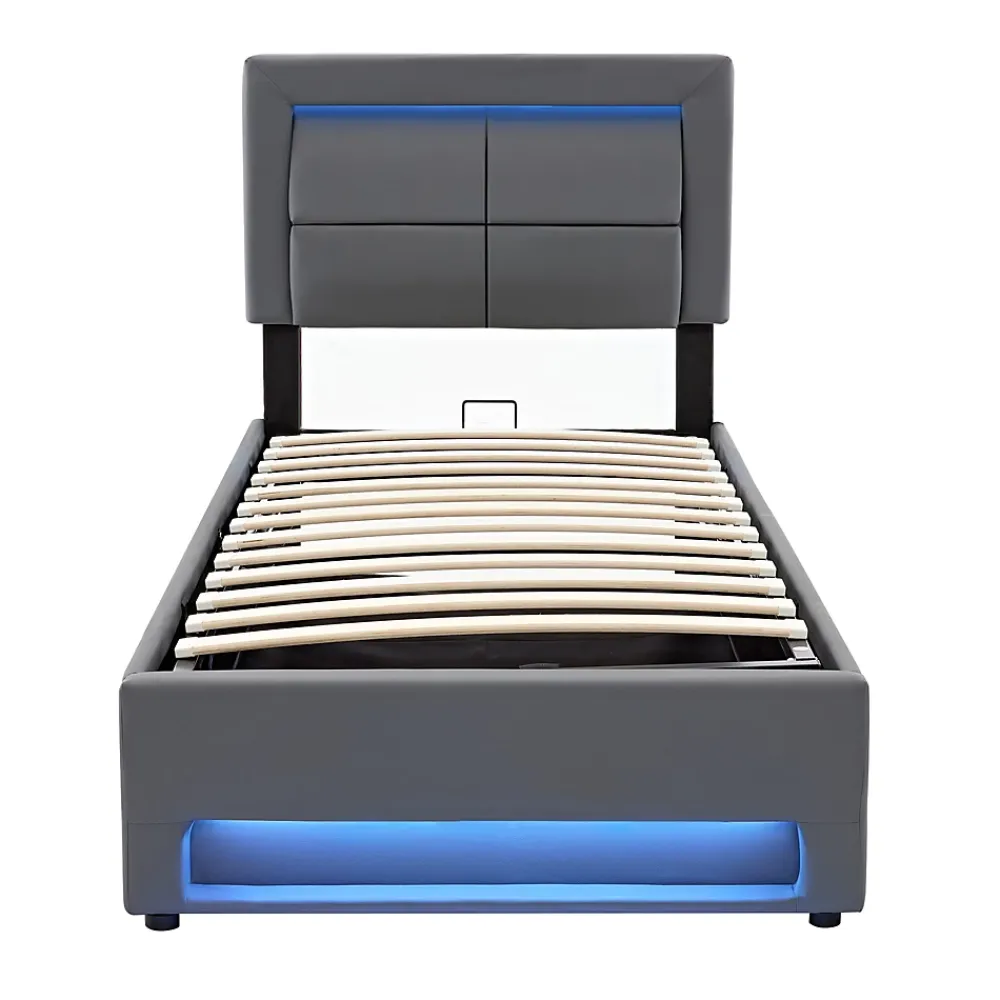 Redom Lit 90x200 cm tapissé PU gris avec éclairage LED, ports USB escamotables et rangement intégré* Lit Avec Rangement