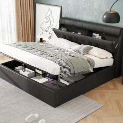 Redom Lit 140x200 cm tapissé PU noir avec tête de lit coffre et rangement hydraulique intégré, au design moderne* Lit Avec Rangement