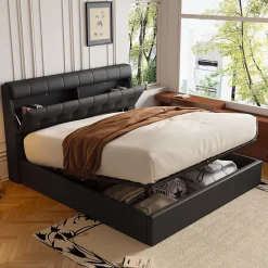 Redom Lit 140x200 cm tapissé PU noir avec tête de lit coffre et rangement hydraulique intégré, au design moderne* Lit Avec Rangement