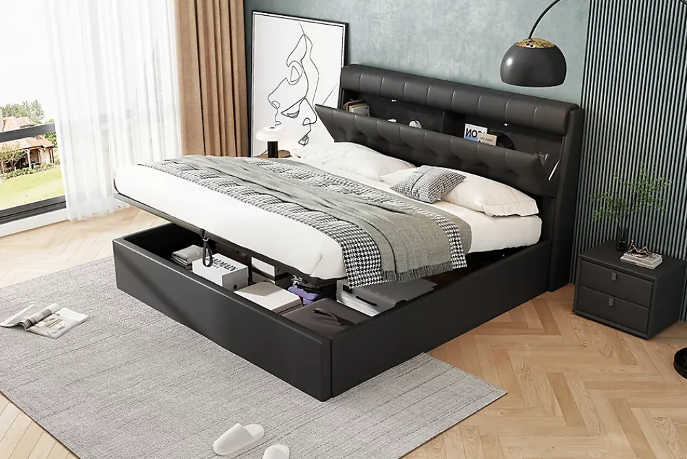 Redom Lit 140x200 cm tapissé PU noir avec tête de lit coffre et rangement hydraulique intégré, au design moderne* Lit Avec Rangement