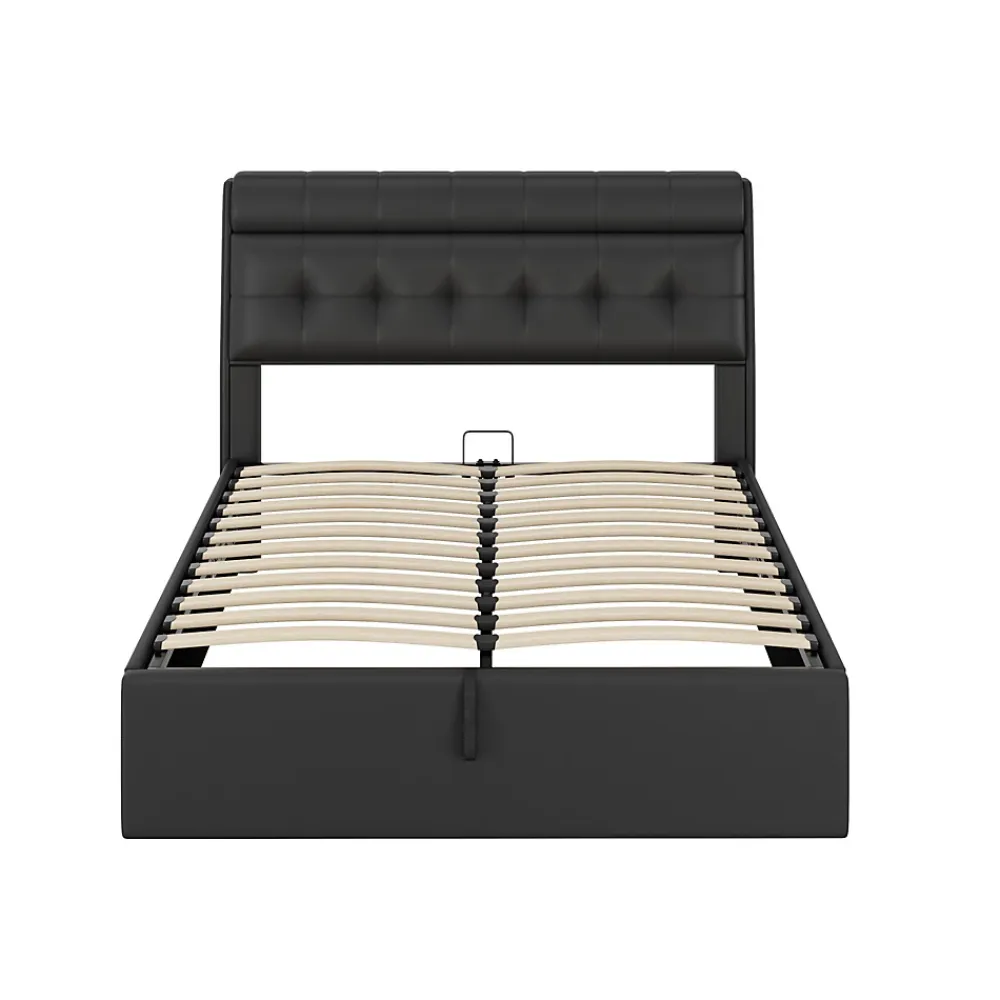 Redom Lit 140x200 cm tapissé PU noir avec tête de lit coffre et rangement hydraulique intégré, au design moderne* Lit Avec Rangement