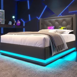 Lit 90x200 cm tapissé PU noir avec coffre hydraulique et tête de lit rembourrée, port USB-C intégré>Redom Sale