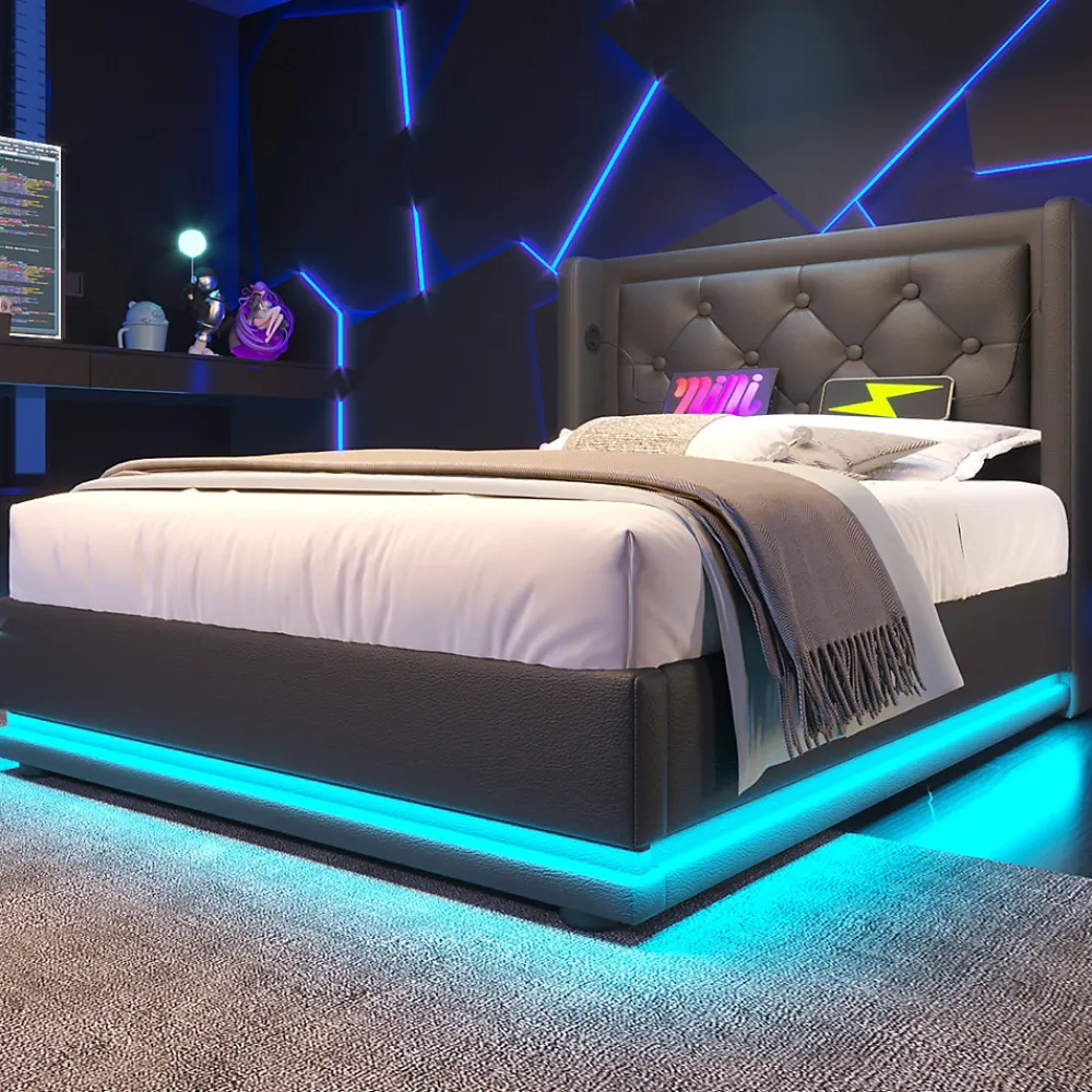Lit 90x200 cm tapissé PU noir avec coffre hydraulique et tête de lit rembourrée, port USB-C intégré>Redom Sale