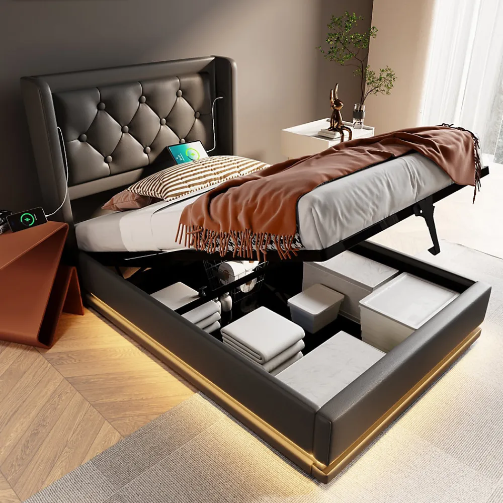 Lit 90x200 cm tapissé PU noir avec coffre hydraulique et tête de lit rembourrée, port USB-C intégré>Redom Sale