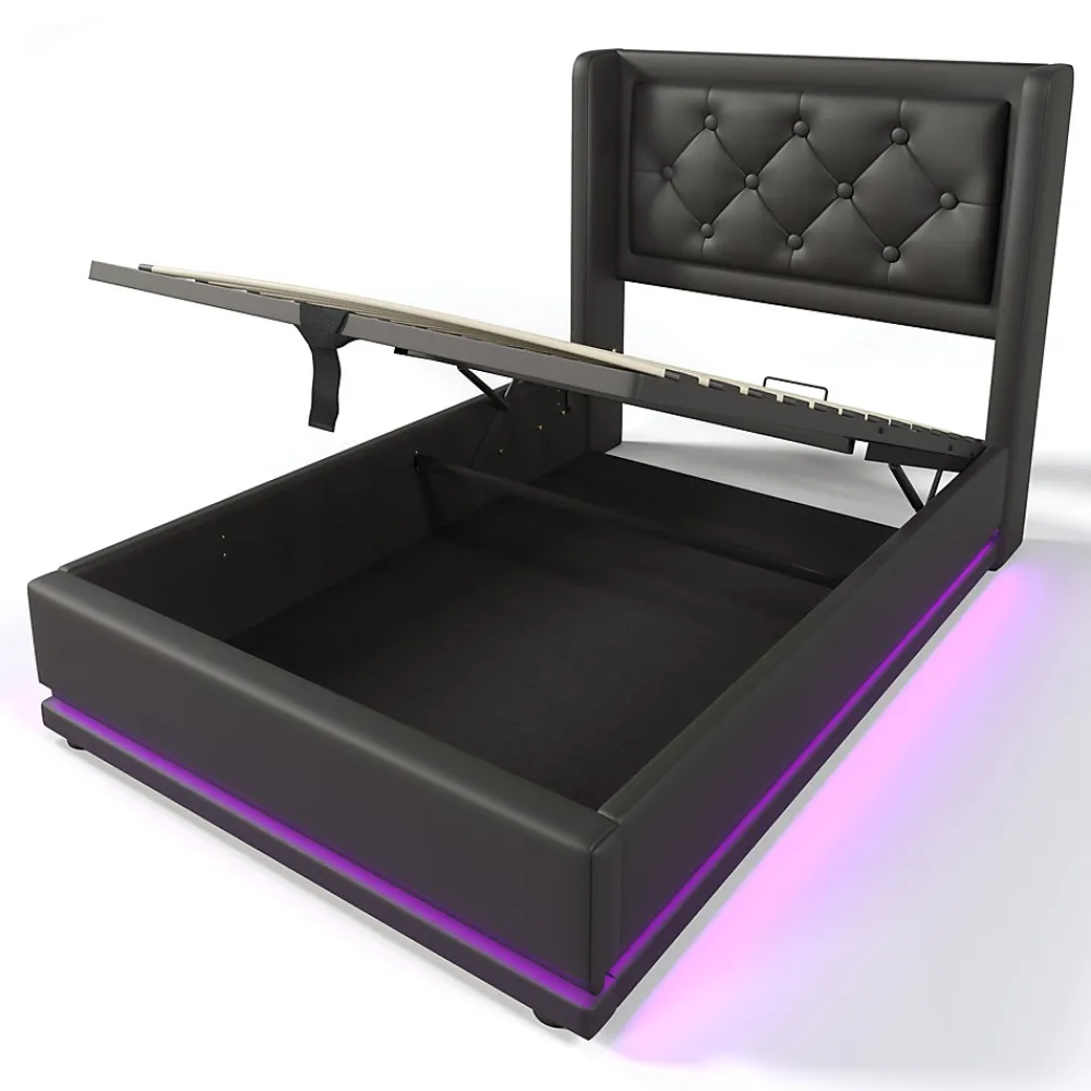 Lit 90x200 cm tapissé PU noir avec coffre hydraulique et tête de lit rembourrée, port USB-C intégré>Redom Sale
