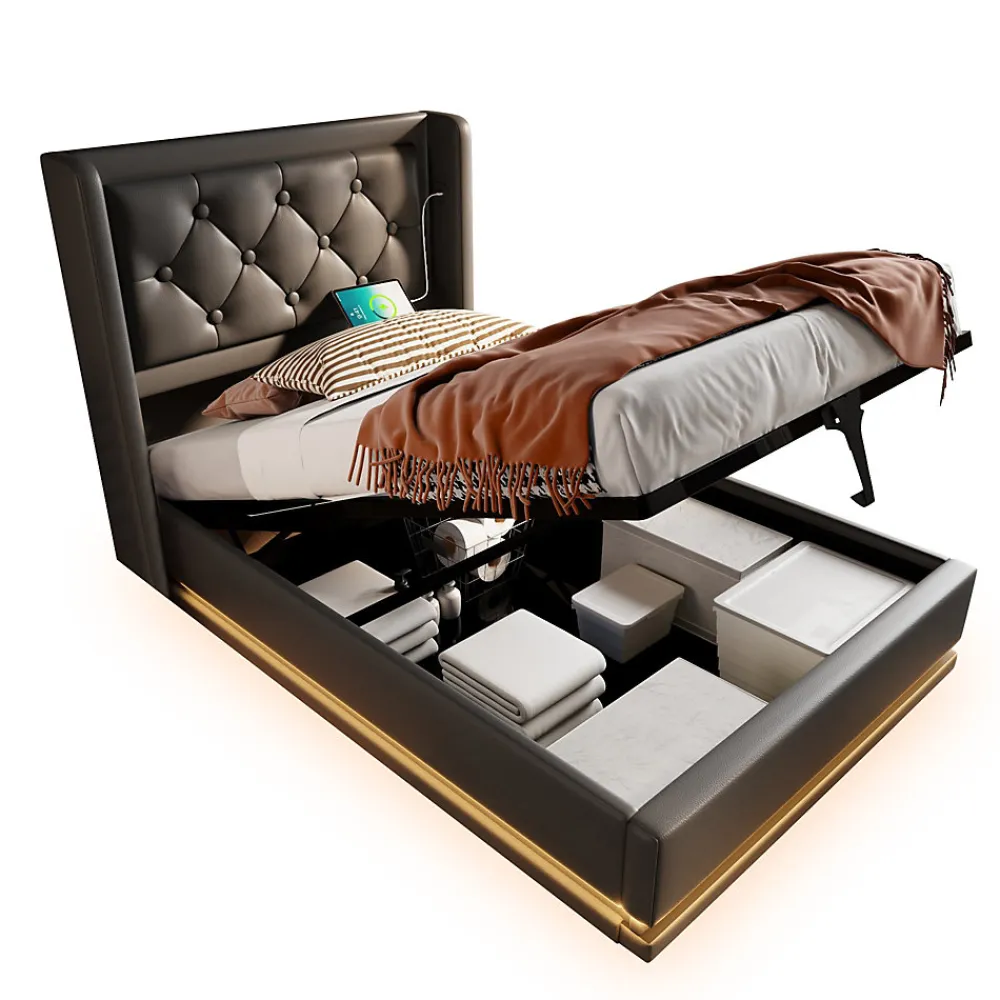 Lit 90x200 cm tapissé PU noir avec coffre hydraulique et tête de lit rembourrée, port USB-C intégré>Redom Sale