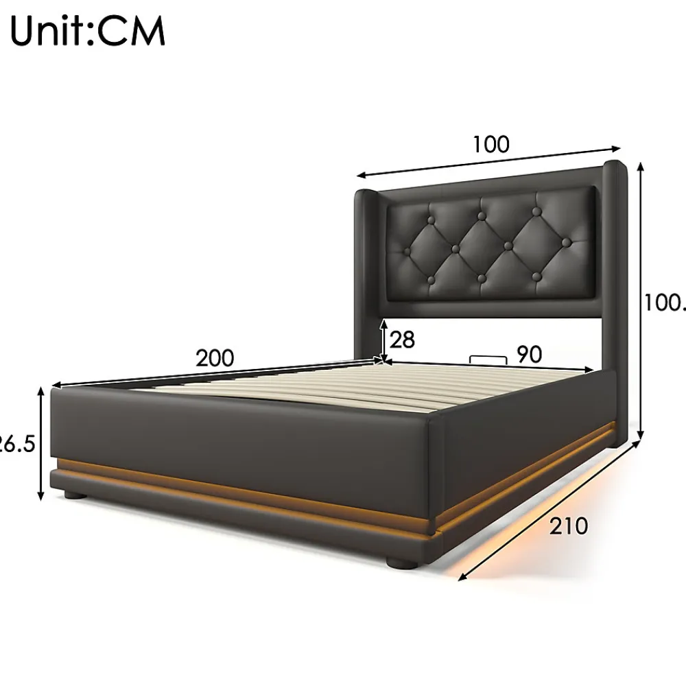 Lit 90x200 cm tapissé PU noir avec coffre hydraulique et tête de lit rembourrée, port USB-C intégré>Redom Sale