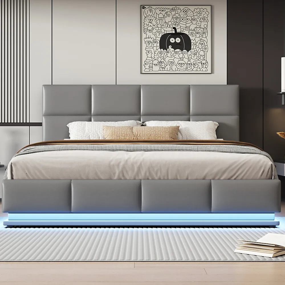 Lit 180x200 cm tapissé similicuir gris ciment avec LED, coffre hydraulique et tête de lit réglable 91/101 cm>Redom Discount