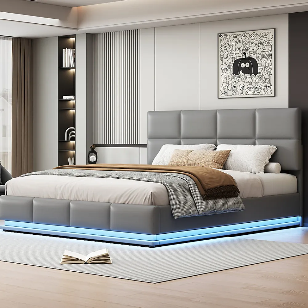 Lit 180x200 cm tapissé similicuir gris ciment avec LED, coffre hydraulique et tête de lit réglable 91/101 cm>Redom Discount