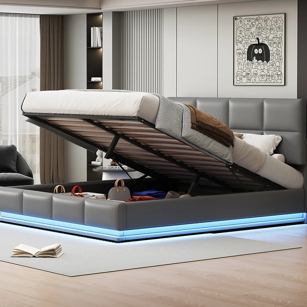 Lit 180x200 cm tapissé similicuir gris ciment avec LED, coffre hydraulique et tête de lit réglable 91/101 cm>Redom Discount