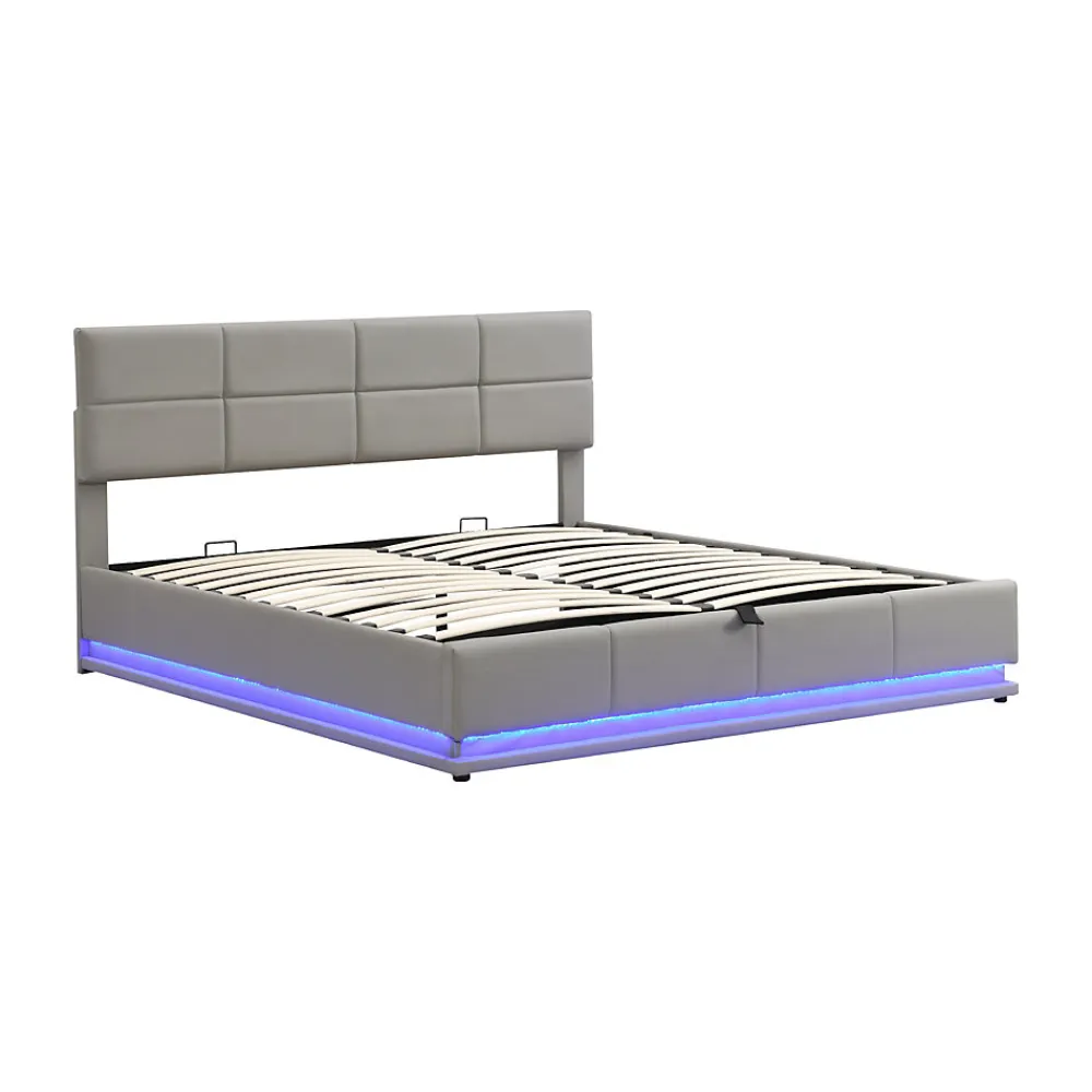 Lit 180x200 cm tapissé similicuir gris ciment avec LED, coffre hydraulique et tête de lit réglable 91/101 cm>Redom Discount