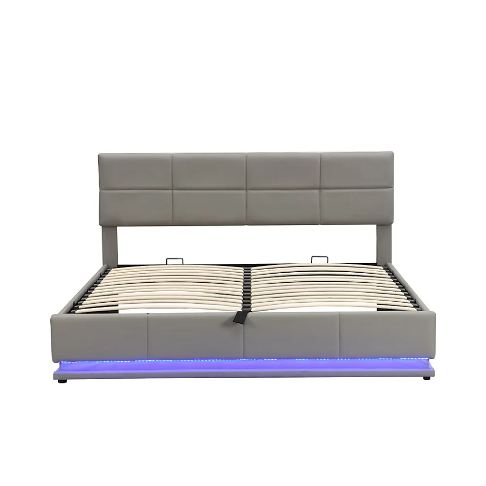 Lit 180x200 cm tapissé similicuir gris ciment avec LED, coffre hydraulique et tête de lit réglable 91/101 cm>Redom Discount