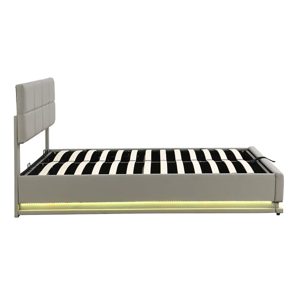 Lit 180x200 cm tapissé similicuir gris ciment avec LED, coffre hydraulique et tête de lit réglable 91/101 cm>Redom Discount