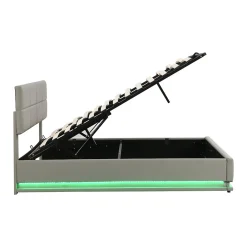 Lit 180x200 cm tapissé similicuir gris ciment avec LED, coffre hydraulique et tête de lit réglable 91/101 cm><noscript><img width=