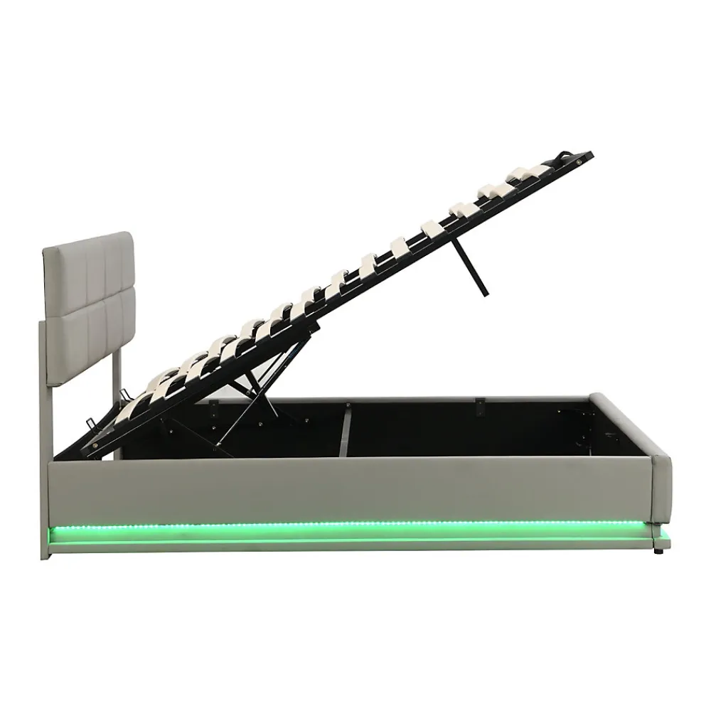 Lit 180x200 cm tapissé similicuir gris ciment avec LED, coffre hydraulique et tête de lit réglable 91/101 cm>Redom Discount