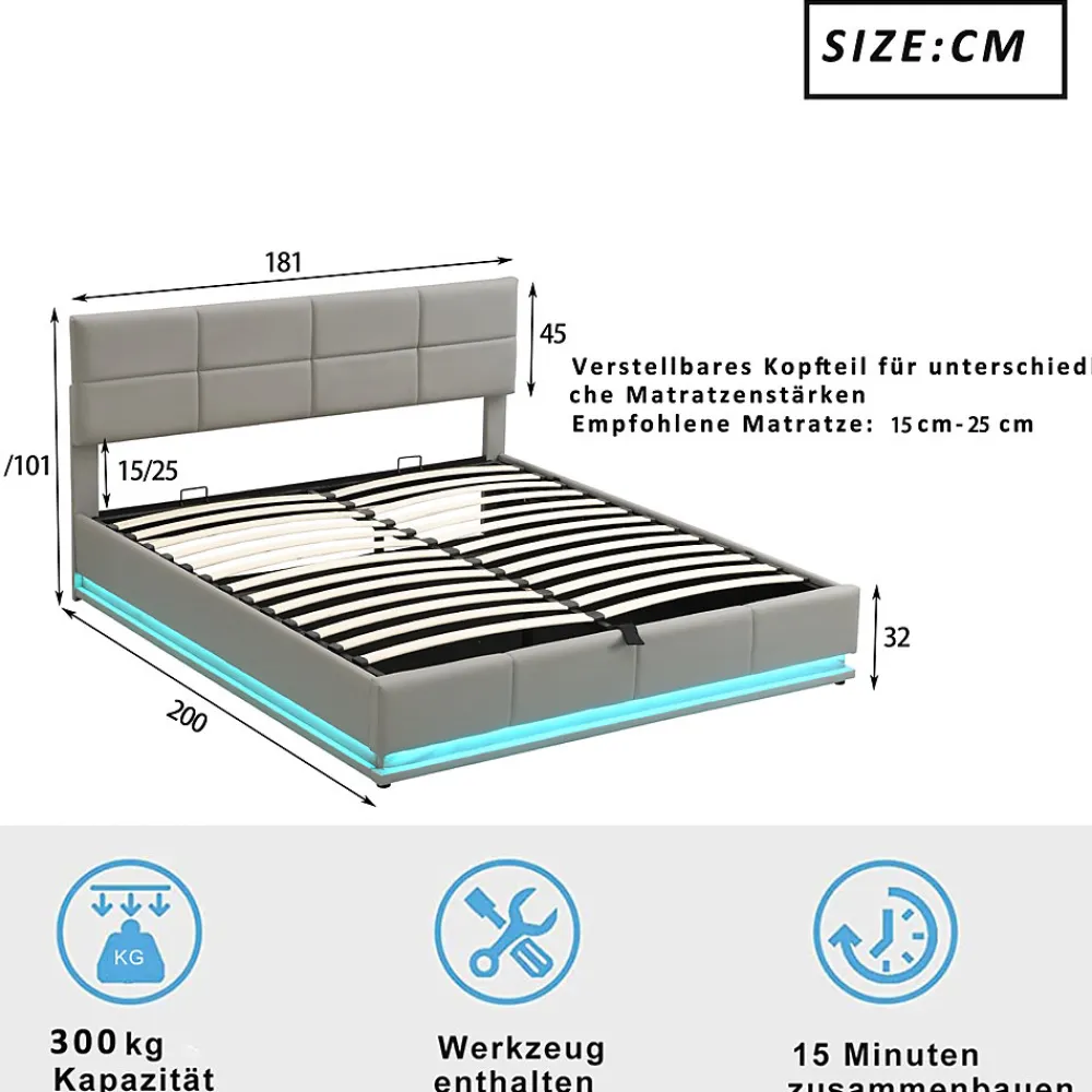 Lit 180x200 cm tapissé similicuir gris ciment avec LED, coffre hydraulique et tête de lit réglable 91/101 cm>Redom Discount