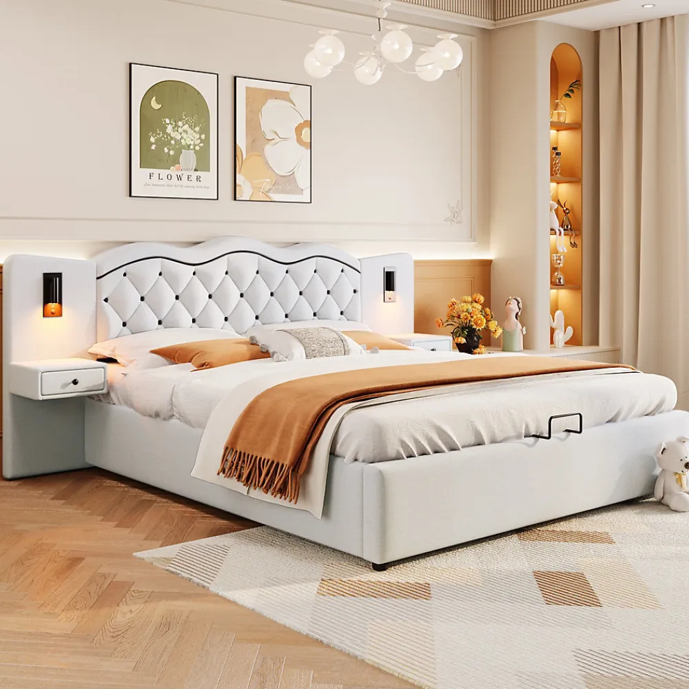 Lit 180x200 cm tapissé tissu effet lin beige avec tête de lit intégrée, coffre hydraulique et prises USB>Redom Sale