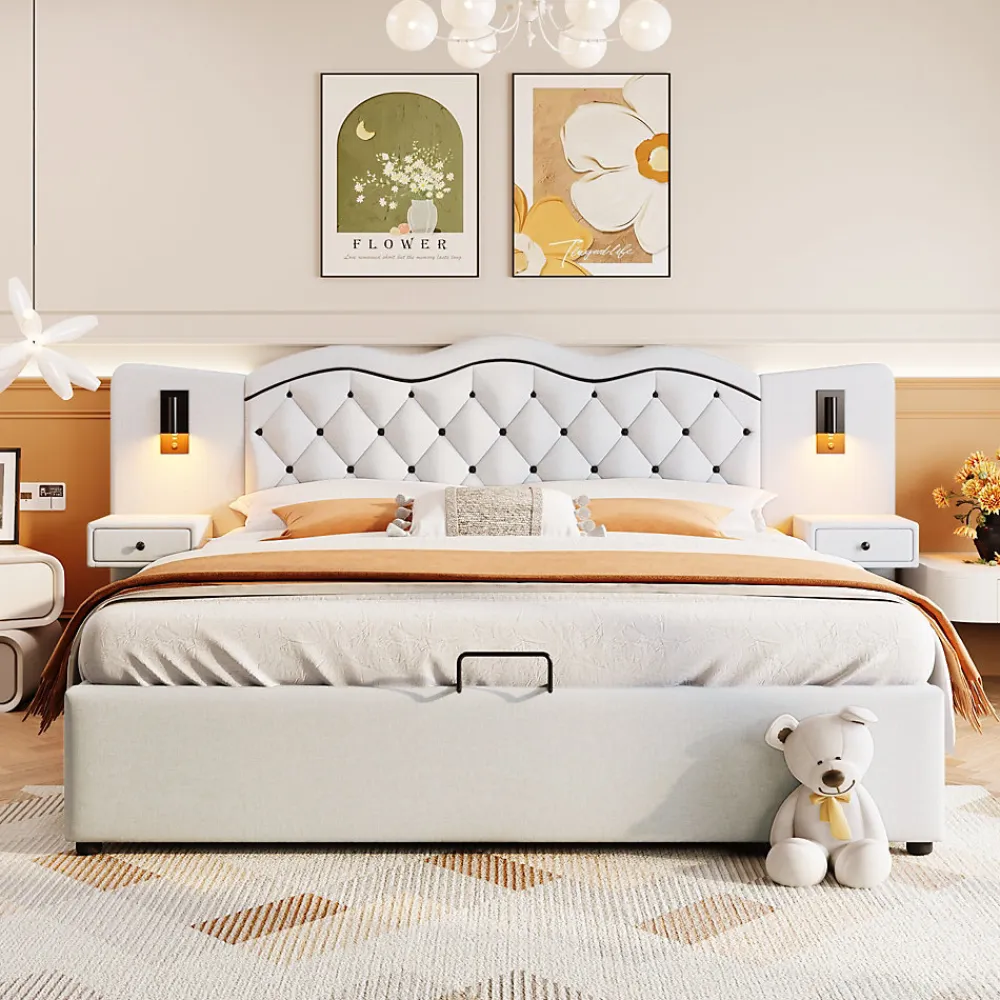Lit 180x200 cm tapissé tissu effet lin beige avec tête de lit intégrée, coffre hydraulique et prises USB>Redom Sale