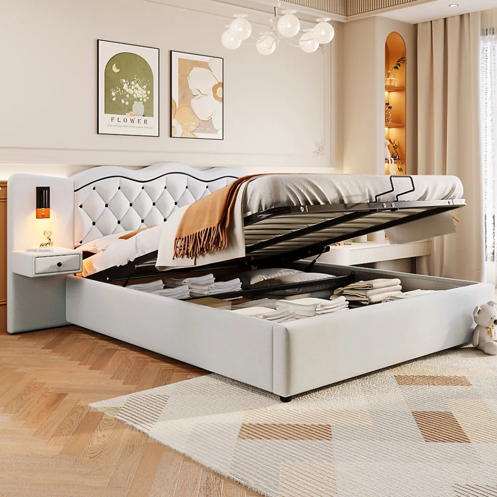 Lit 180x200 cm tapissé tissu effet lin beige avec tête de lit intégrée, coffre hydraulique et prises USB>Redom Sale