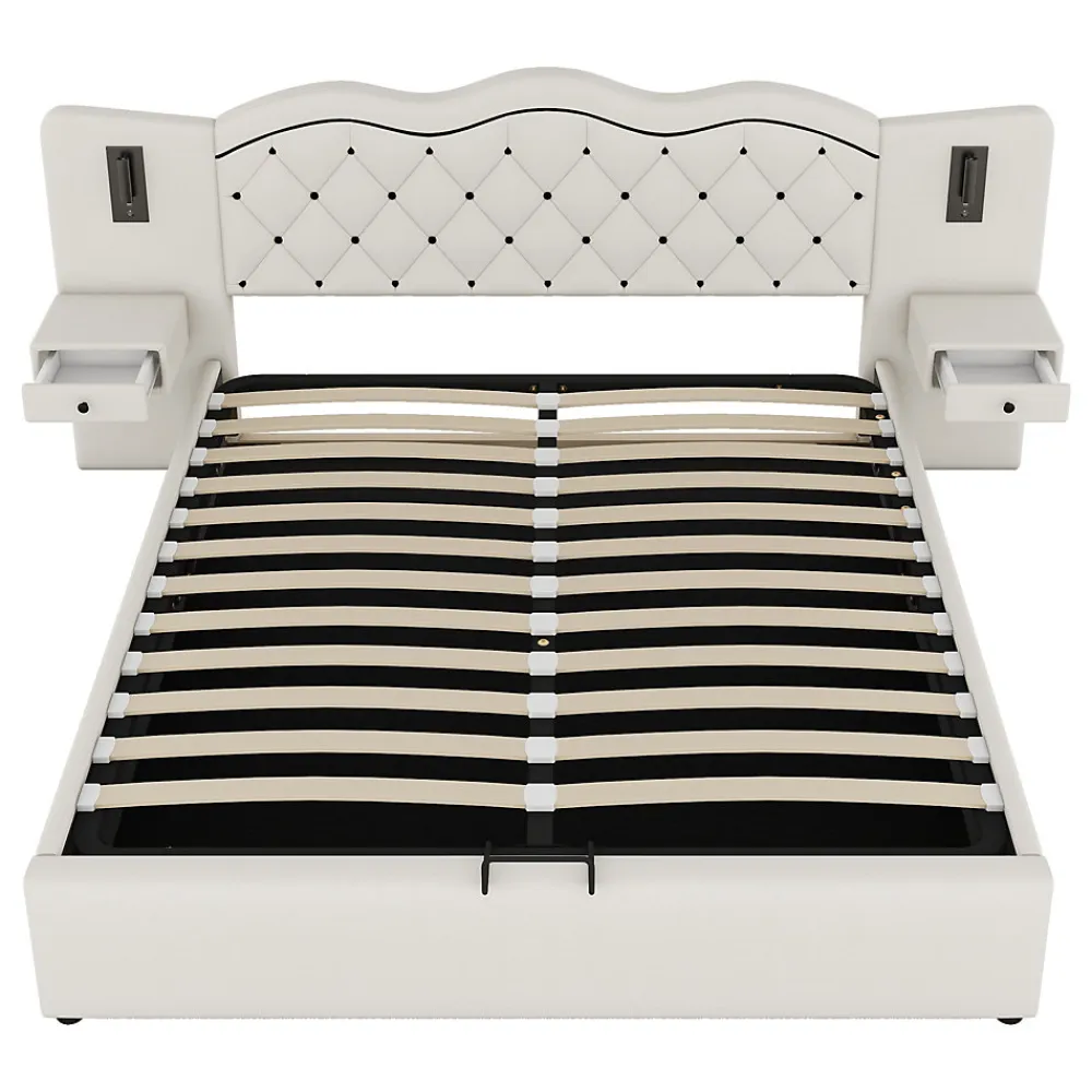 Lit 180x200 cm tapissé tissu effet lin beige avec tête de lit intégrée, coffre hydraulique et prises USB>Redom Sale