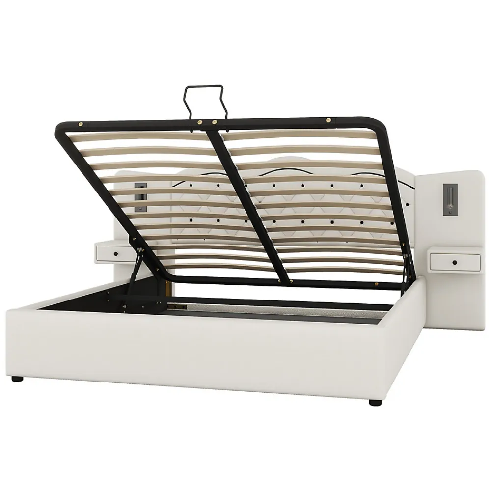 Lit 180x200 cm tapissé tissu effet lin beige avec tête de lit intégrée, coffre hydraulique et prises USB>Redom Sale