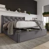 Lit 160x200 cm tapissé tissu gris avec coffre de rangement, tête de lit capitonnée et structure bois/métal>Redom Outlet