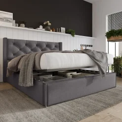 Lit 160x200 cm tapissé tissu gris avec coffre de rangement, tête de lit capitonnée et structure bois/métal>Redom Outlet