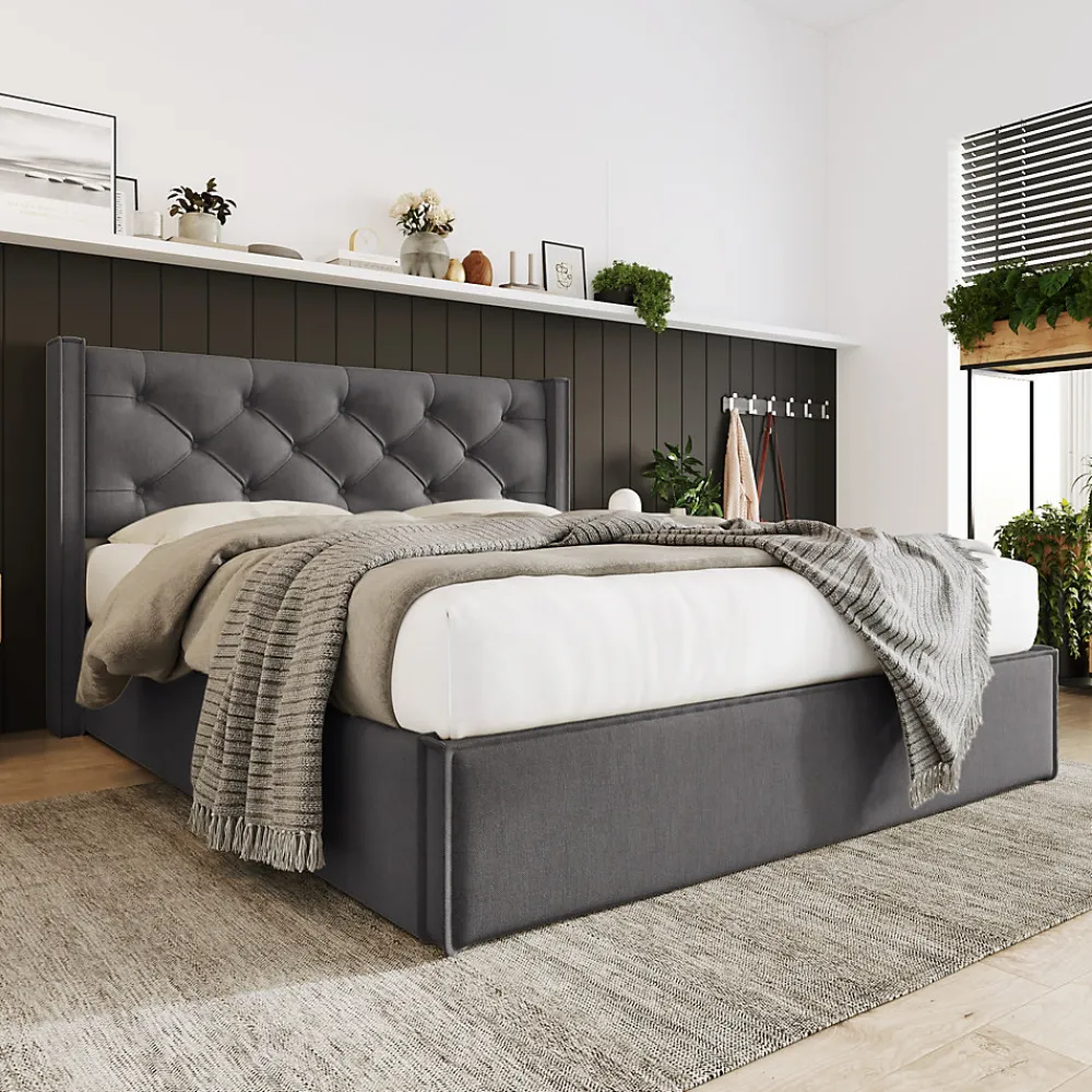 Lit 160x200 cm tapissé tissu gris avec coffre de rangement, tête de lit capitonnée et structure bois/métal>Redom Outlet