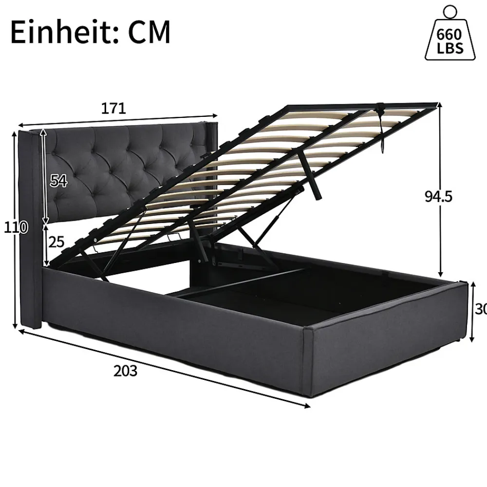 Lit 160x200 cm tapissé tissu gris avec coffre de rangement, tête de lit capitonnée et structure bois/métal>Redom Outlet