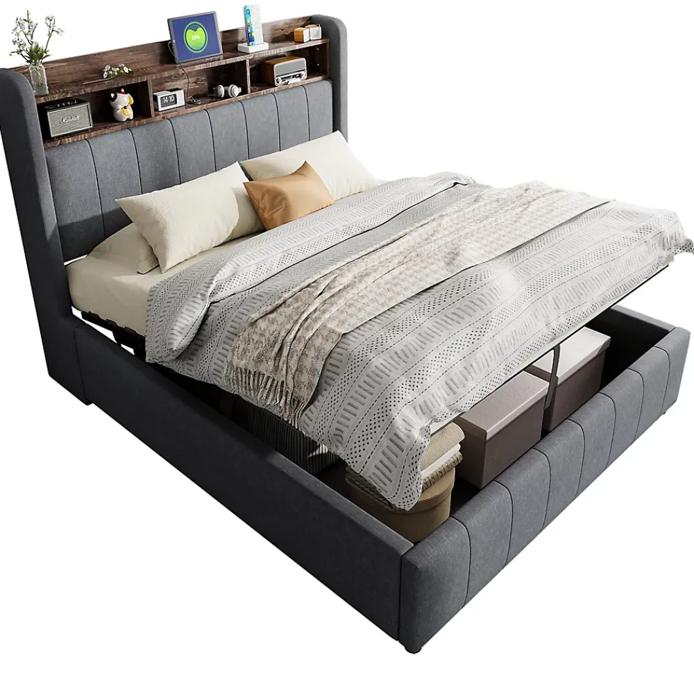 Redom Lit 140x200 cm tapissé tissu lin gris avec rangement hydraulique, tête de lit à LED changeantes et ports USB* Lit Avec Rangement