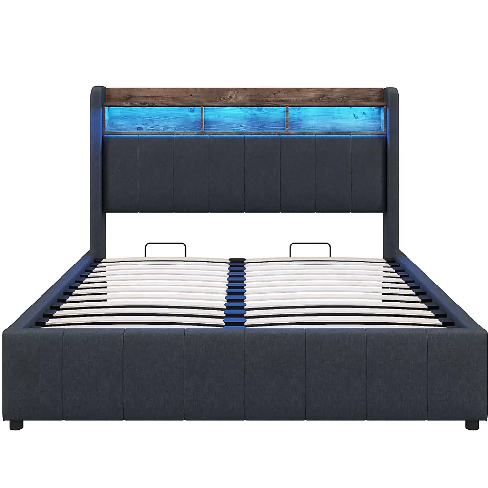 Redom Lit 140x200 cm tapissé tissu lin gris avec rangement hydraulique, tête de lit à LED changeantes et ports USB* Lit Avec Rangement