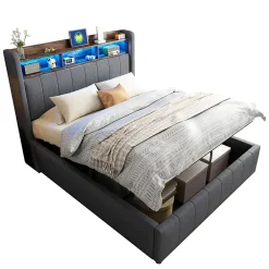Redom Lit 140x200 cm tapissé tissu lin gris avec rangement hydraulique, tête de lit à LED changeantes et ports USB* Lit Avec Rangement