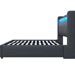 Redom Lit 140x200 cm tapissé tissu lin gris avec rangement hydraulique, tête de lit à LED changeantes et ports USB* Lit Avec Rangement