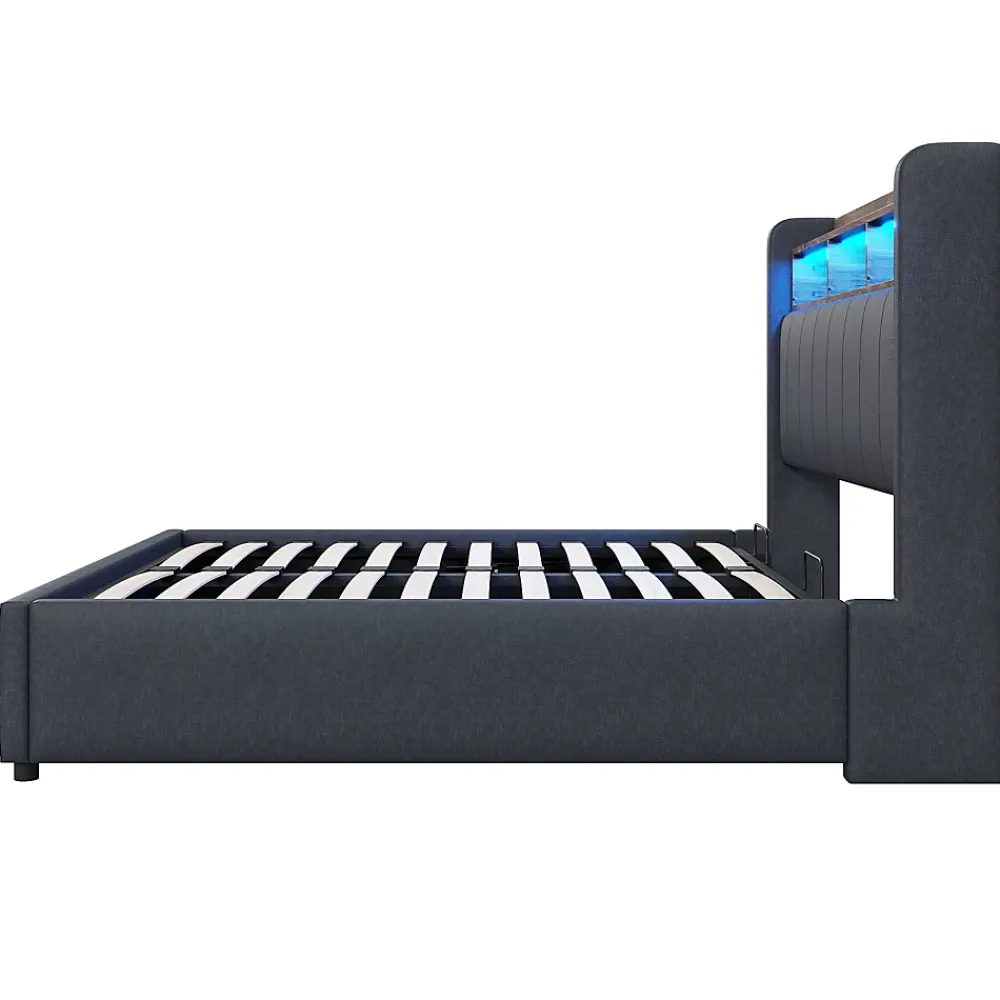 Redom Lit 140x200 cm tapissé tissu lin gris avec rangement hydraulique, tête de lit à LED changeantes et ports USB* Lit Avec Rangement