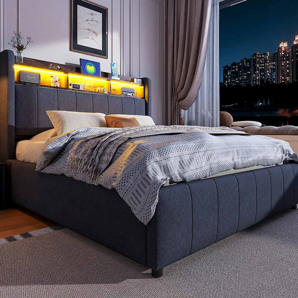 Redom Lit 140x200 cm tapissé tissu lin gris avec rangement hydraulique, tête de lit à LED changeantes et ports USB* Lit Avec Rangement