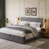 Redom Lit 180x200 cm tapissé velours avec rangement hydraulique, éclairage et prises USB, 2 chevets assortis* Lit Avec Rangement