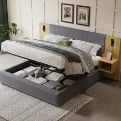 Redom Lit 180x200 cm tapissé velours avec rangement hydraulique, éclairage et prises USB, 2 chevets assortis* Lit Avec Rangement