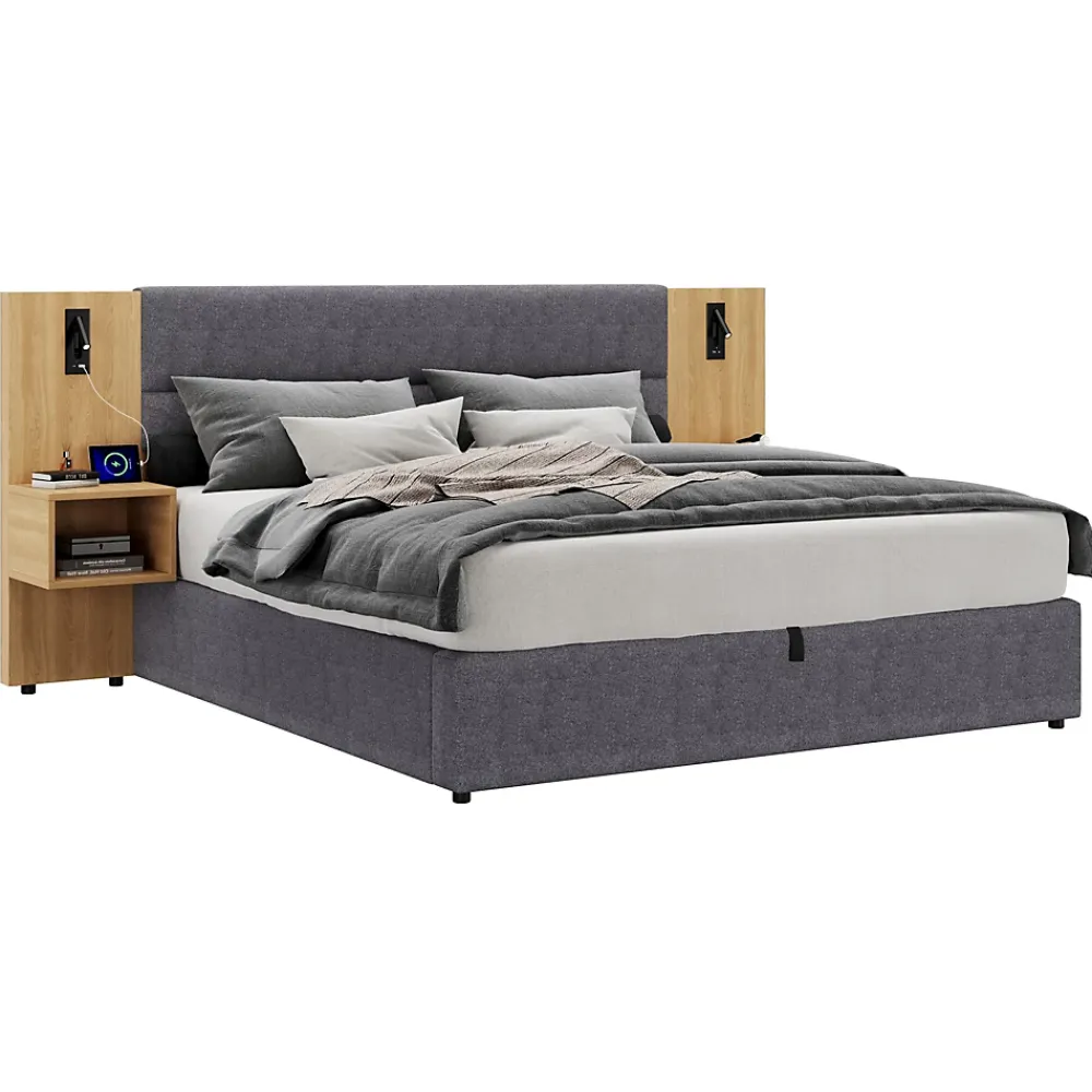Redom Lit 180x200 cm tapissé velours avec rangement hydraulique, éclairage et prises USB, 2 chevets assortis* Lit Avec Rangement