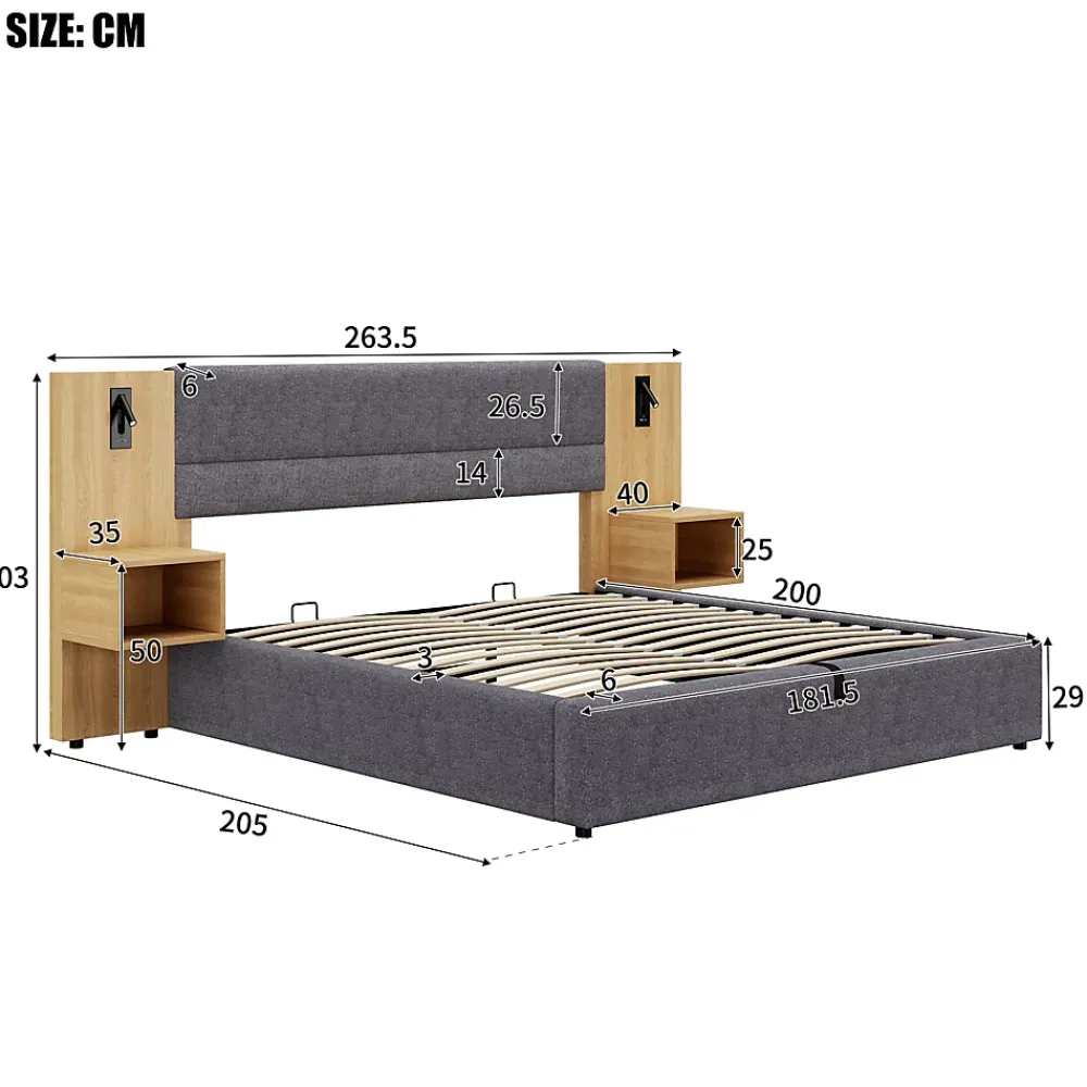 Redom Lit 180x200 cm tapissé velours avec rangement hydraulique, éclairage et prises USB, 2 chevets assortis* Lit Avec Rangement
