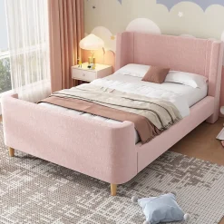 Lit 90x200 cm tapissé velours avec tête de lit style luge, motifs spatiaux enfantins, coloris rose>Redom Clearance