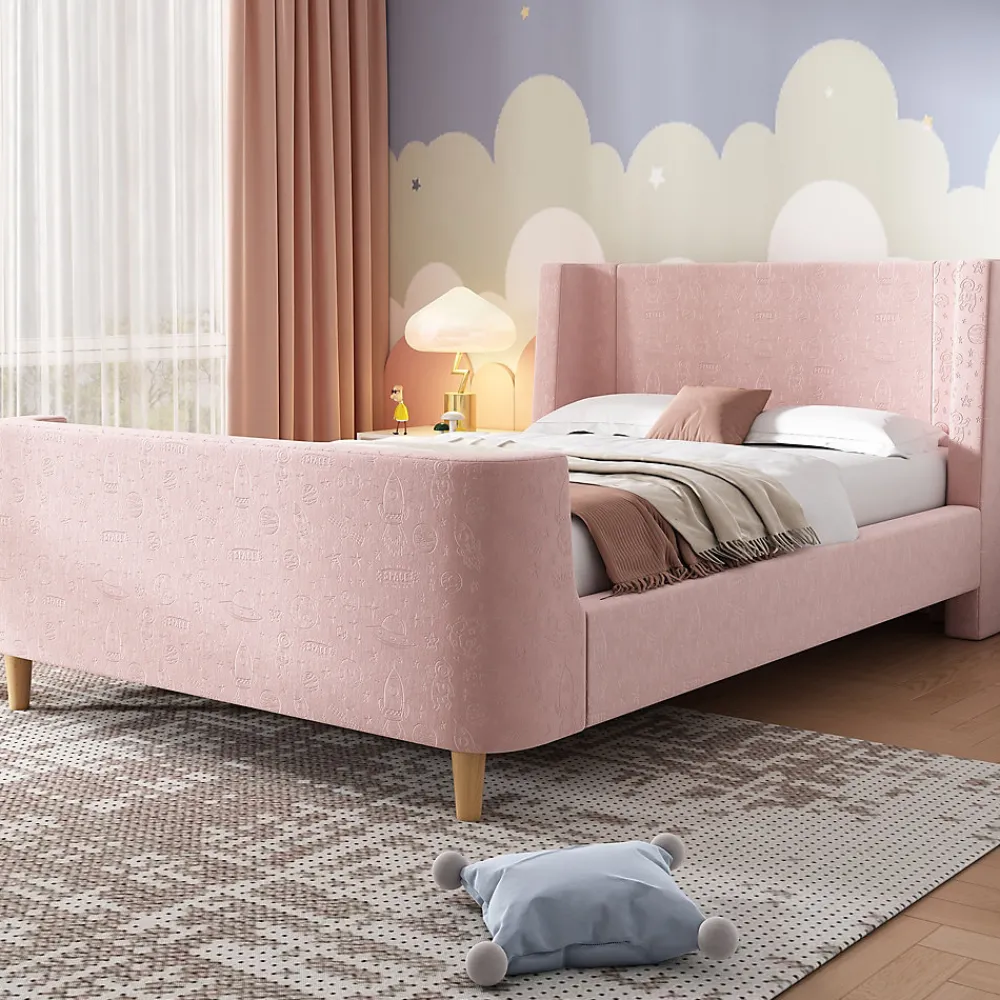 Lit 90x200 cm tapissé velours avec tête de lit style luge, motifs spatiaux enfantins, coloris rose>Redom Clearance